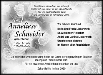 Traueranzeige von Anneliese Schneider von Südthüringer Presse