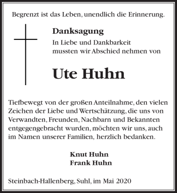 Traueranzeige von Ute Huhn von Südthüringer Presse