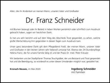 Traueranzeige von Franz Schneider von Neue Presse Coburg