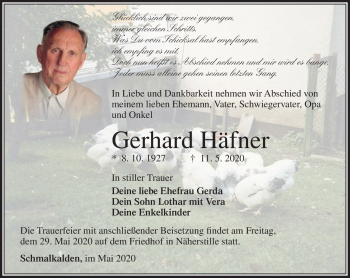 Traueranzeige von Gerhard Häfner von Südthüringer Presse