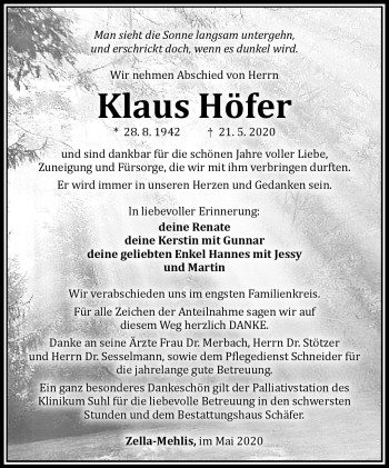 Traueranzeige von Klaus Höfer von Südthüringer Presse