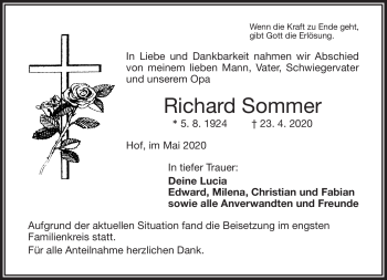 Traueranzeige von Richard Sommer von Frankenpost