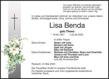 Traueranzeige von Lisa Benda von Neue Presse Coburg