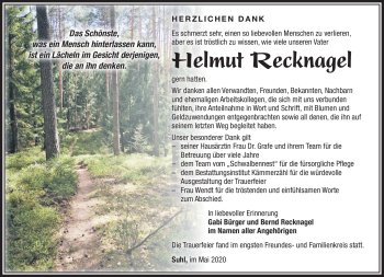 Traueranzeige von Helmut Recknagel von Südthüringer Presse