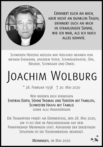 Traueranzeige von Joachim Wolburg von Südthüringer Presse