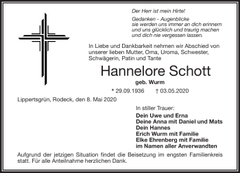 Traueranzeige von Hannelore Schott von Frankenpost