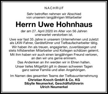 Traueranzeige von Uwe Hohnhaus von Neue Presse Coburg