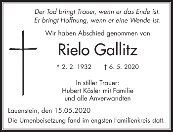 Traueranzeige von Rielo Gallitz von Neue Presse Coburg