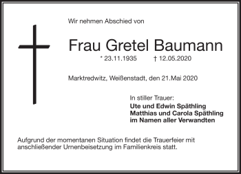 Traueranzeige von Gretel Baumann von Frankenpost