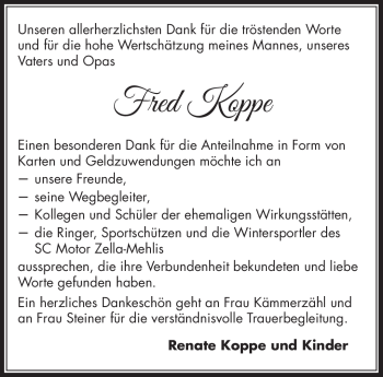 Traueranzeige von Fred Koppe von Südthüringer Presse