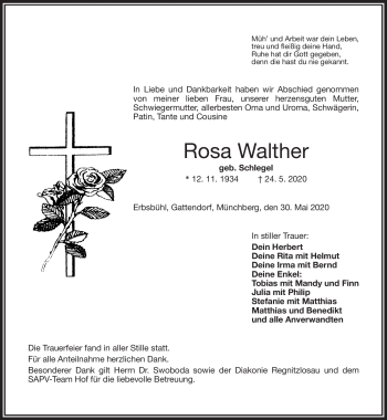 Traueranzeige von Rosa Walther von Frankenpost