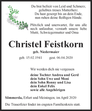 Traueranzeige von Christel Feistkorn von Südthüringer Presse