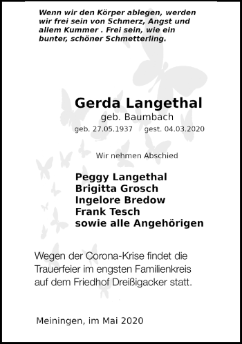 Traueranzeige von Gerda Langethal von Südthüringer Presse