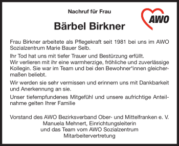 Traueranzeige von Bärbel Birkner von Frankenpost