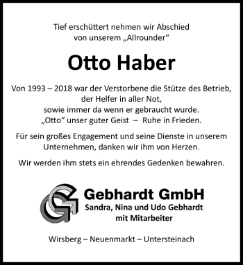 Traueranzeige von Otto Haber von Frankenpost