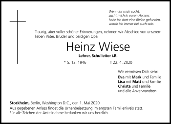 Traueranzeige von Heinz Wiese von Neue Presse Coburg