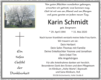 Traueranzeige von Karin Schmidt von Frankenpost