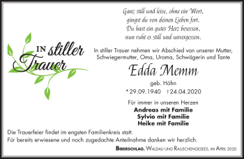 Traueranzeige von Edda Memm von Südthüringer Presse