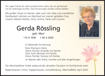 Traueranzeige von Gerda Rössling von Südthüringer Presse