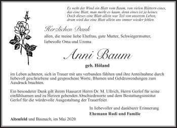 Traueranzeige von Anni Baum von Südthüringer Presse