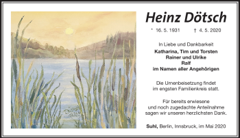 Traueranzeige von Heinz Dötsch von Südthüringer Presse