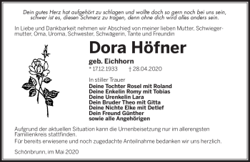 Traueranzeige von Dora Höfner von Südthüringer Presse