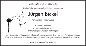Traueranzeige von Jürgen Bickel von Südthüringer Presse