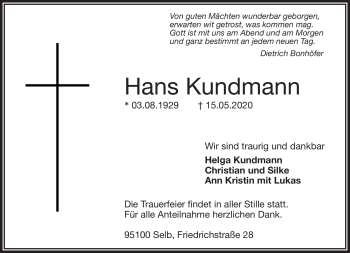 Traueranzeige von Hans Kundmann von Frankenpost