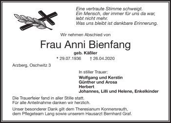 Traueranzeige von Anni Bienfang von Frankenpost