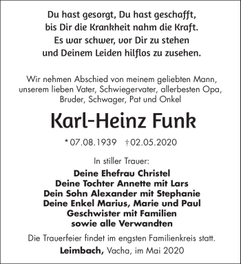 Traueranzeige von Karl-Heinz Funk von Südthüringer Presse