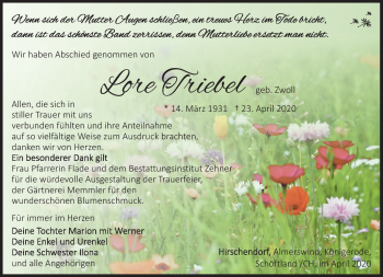 Traueranzeige von Lore Triebel von Südthüringer Presse