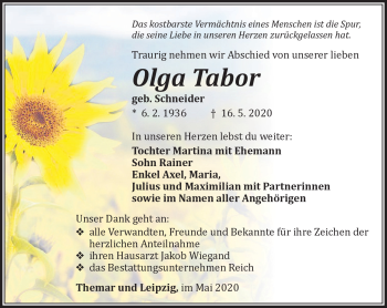 Traueranzeige von Olga Tabor von Südthüringer Presse
