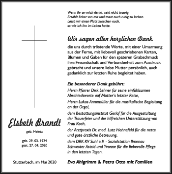 Traueranzeige von Elsbeth Brandt von Südthüringer Presse