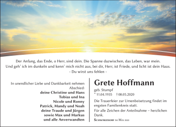 Traueranzeige von Grete Hoffmann von Südthüringer Presse