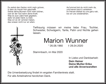 Traueranzeige von Marion Wunner von Frankenpost