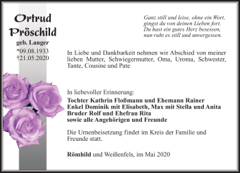Traueranzeige von Ortrud Pröschild von Südthüringer Presse