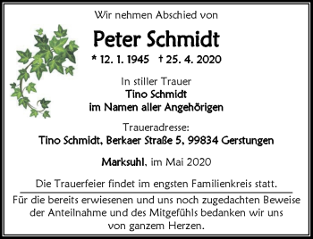 Traueranzeige von Peter Schmidt von Südthüringer Presse
