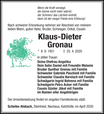 Traueranzeige von Klaus-Dieter Gronau von Südthüringer Presse
