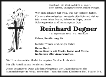Traueranzeige von Reinhard Degner von Frankenpost