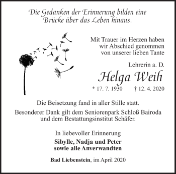 Traueranzeige von Helga Weih von Südthüringer Presse