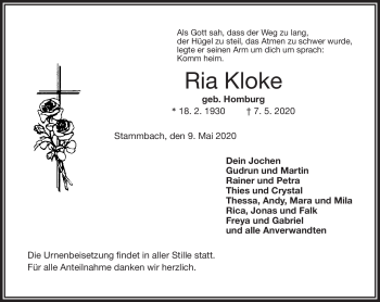 Traueranzeige von Ria Kloke von Frankenpost