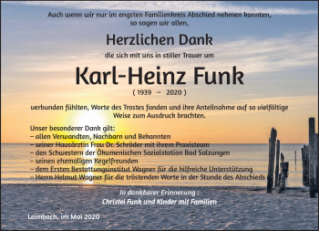 Traueranzeige von Karl-Heinz Funk von Südthüringer Presse