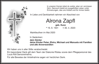 Traueranzeige von Alrona Zapfl von Frankenpost