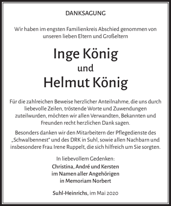 Traueranzeige von HelmutInge KönigKönig von Südthüringer Presse