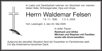 Traueranzeige von Waldemar Felsen von Frankenpost