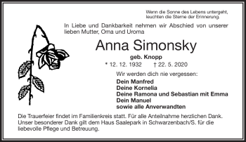 Traueranzeige von Anna Simonsky von Frankenpost