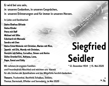 Traueranzeige von Siegfried Seidler von Südthüringer Presse