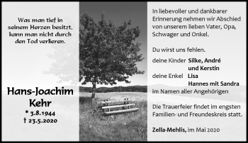 Traueranzeige von Hans-Joachim Kehr von Südthüringer Presse