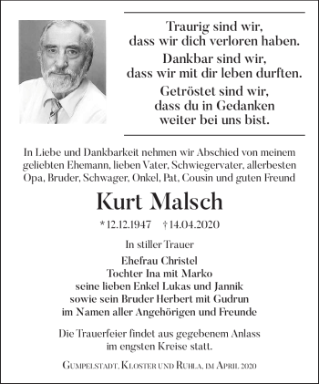 Traueranzeige von Kurt Malsch von Südthüringer Presse