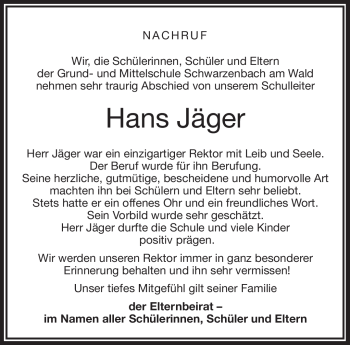 Traueranzeige von Hans Jäger von Frankenpost